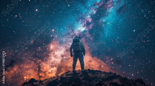An astronaut is strolling around the planet  gazing up at the starry sky 