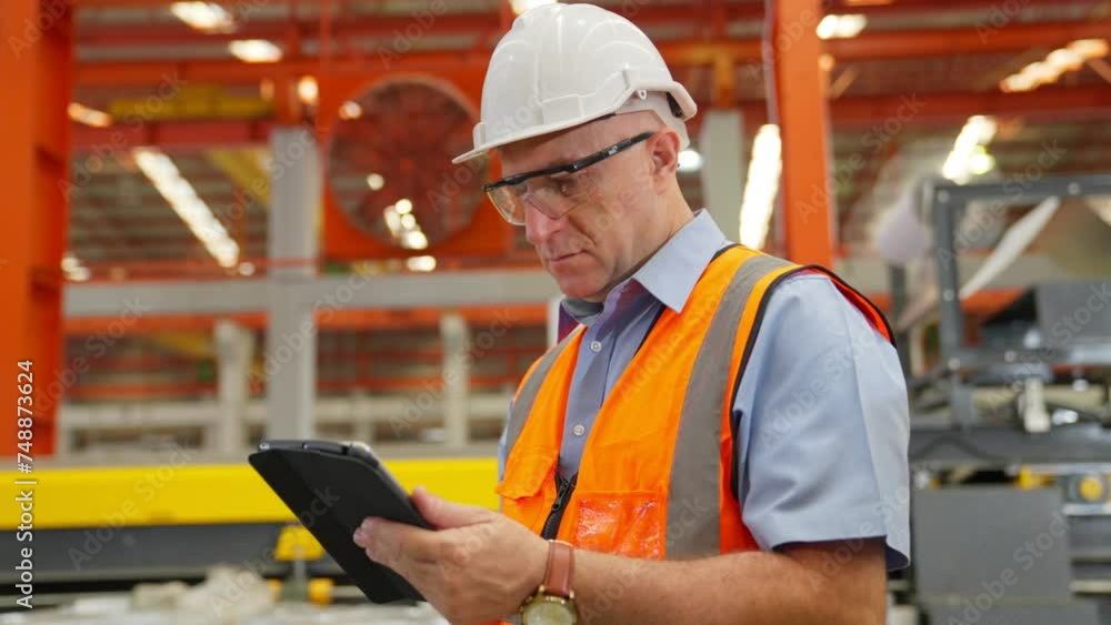 custom made wallpaper toronto digitalAmerican older Engineer or worker wear hard Hat working in a factory with heavy machinery. Industrial Specialist Standing in Metal Construction Manufacturing technicians assistant workers in warehouse