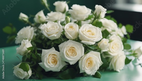 beautiful bouquet of bright white rose flowers  on table with green background