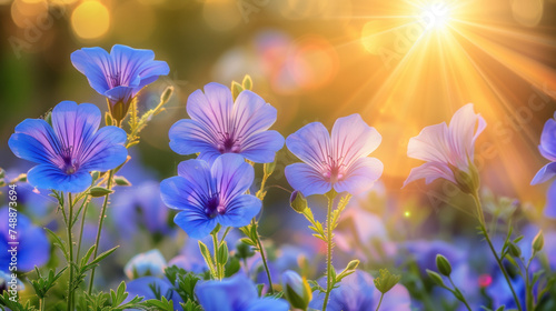 Field of wild flowers  mystical foggy morning