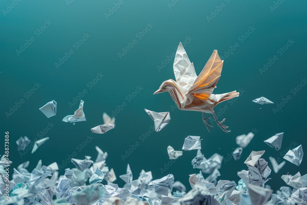 group of crumpled papers with one different paper transforming into an origami bird in flight. ai generated - obrazy, fototapety, plakaty 