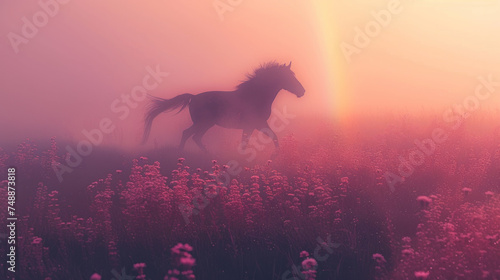 Beautiful horse running in summer meadow  pink sunrise light