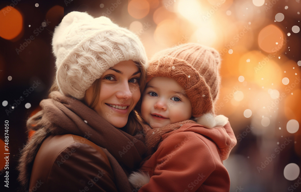 Obraz premium mother and daughter in brown fur coats hug during a walk through the winter forest. lots of snow around. bright emotion.