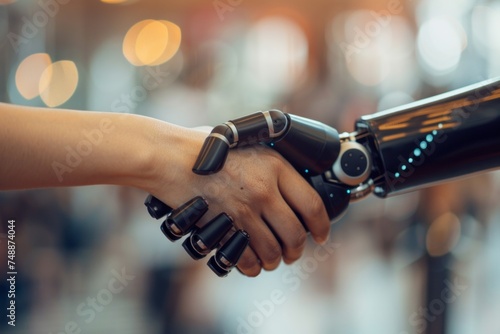 Human hand and robotic hand in handshake, symbolizing human-robot collaboration. © ParinApril