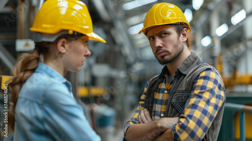 A male and a female worker in a tense moment, showing a disagreement or a challenge at a construction site