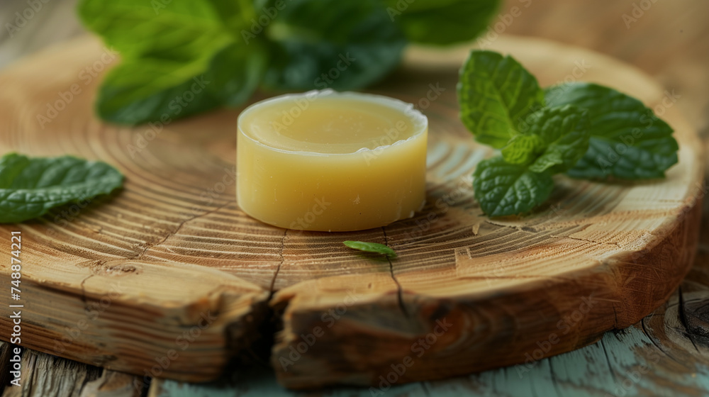 Natural Beeswax Balm on Wooden Surface with Fresh Mint