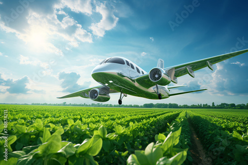 Sustainable aviation fuel concept. Net zero emissions flight. Sustainability transportation. Eco-friendly aviation fuel. Commercial airplane use biofuel energy flying above soybean farm. Generative AI photo