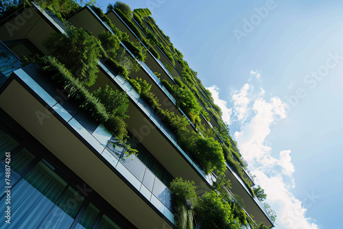 Sustainable green building. Eco-friendly building. Sustainable glass office building with tree for reducing carbon dioxide. Office with green environment. Corporate building reduce CO2. Generative AI.