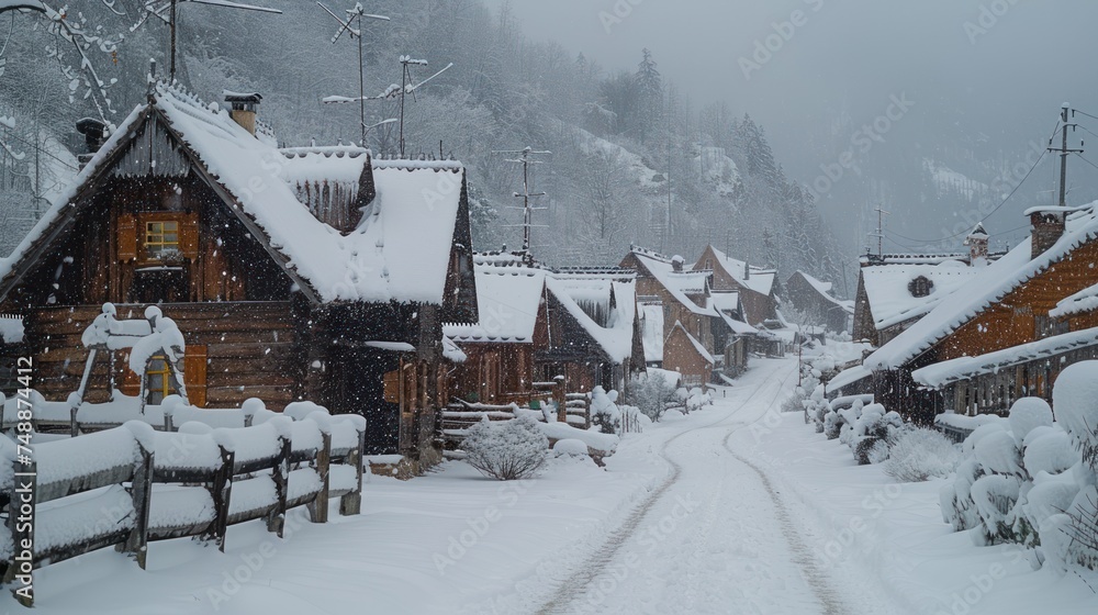 A mountain wooden huts covered with fresh snow in Chocholowska valley