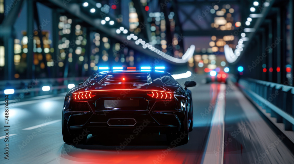 Futuristic Police Car Patrolling City Bridge at Night