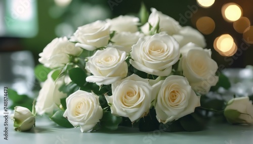 beautiful bouquet of bright white rose flowers, on table with green background © Adi