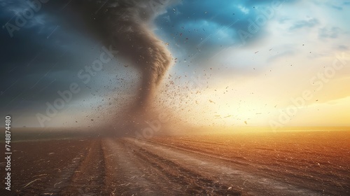 A huge tornado over an agricultural field. Disaster and threat of crop loss. Global climate change. The destructive dance of a tornado on fertile land.