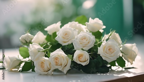 beautiful bouquet of bright white rose flowers  on table with green background