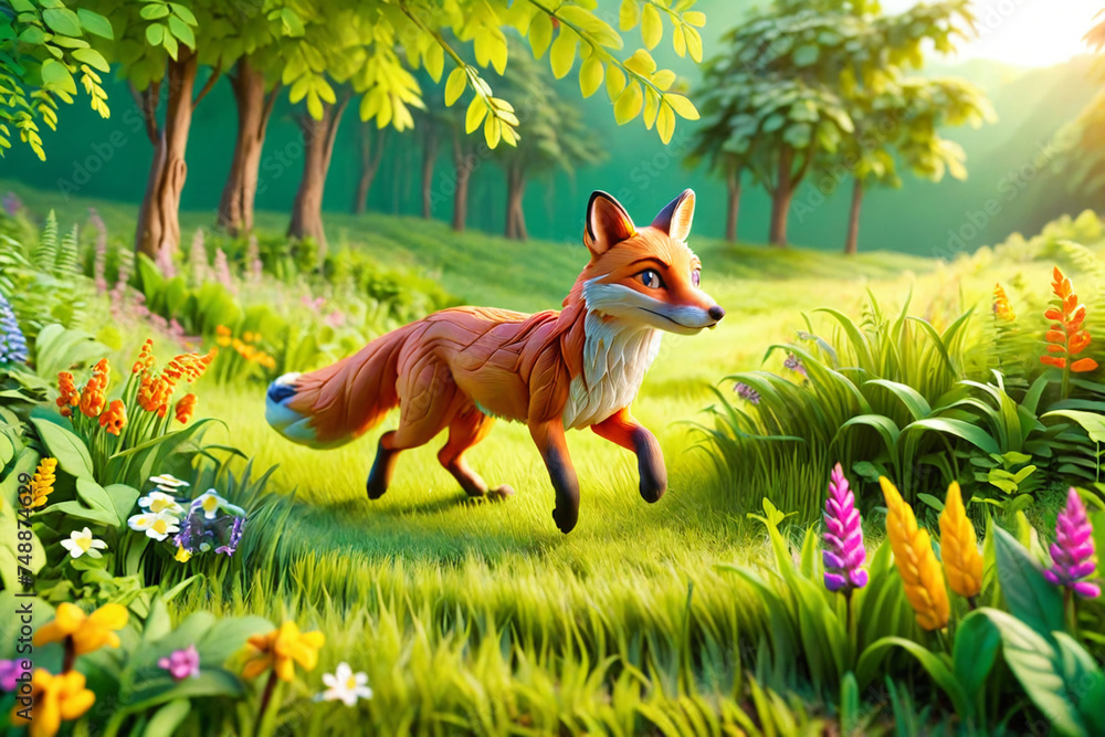 Fototapeta premium A fox runs through the colorful lush spring green grass - Clay