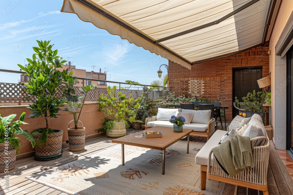 Fototapeta premium Sunny terrace with a retractable awning, stylish outdoor furniture, and plants.