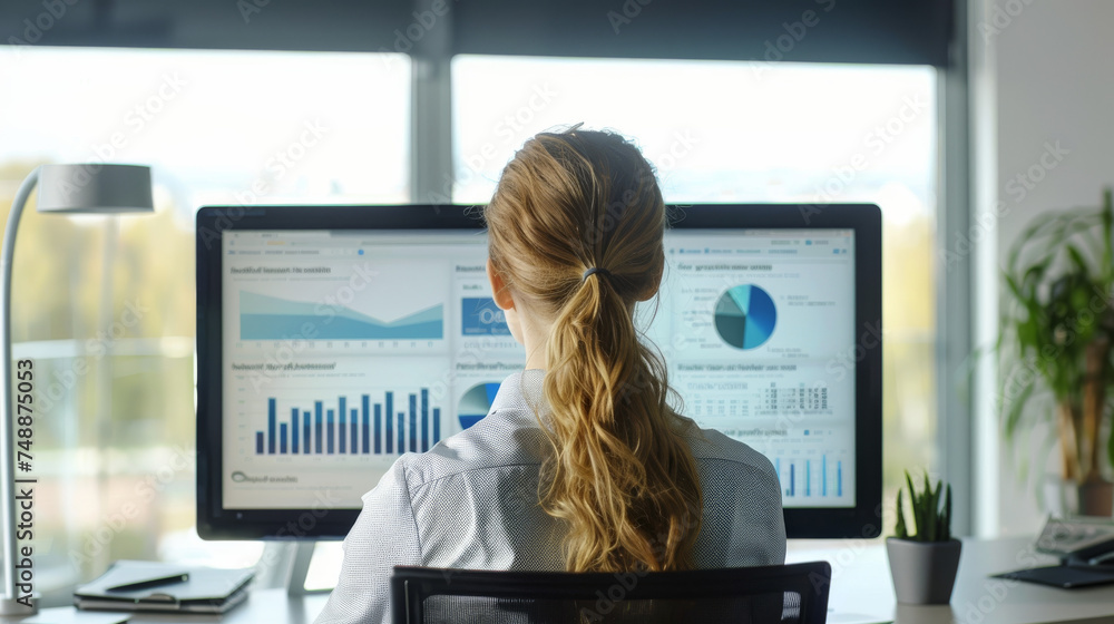 A focused professional analyzes complex data across dual monitors in a bright office setting A focused professional analyzes complex data across dual monitors in a bright office setting