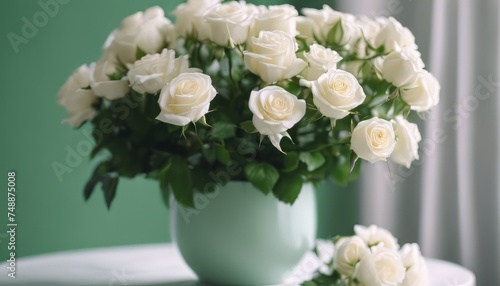 beautiful bouquet of bright white rose flowers, on table with green background © Adi