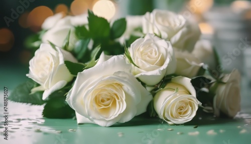 beautiful bouquet of bright white rose flowers  on table with green background