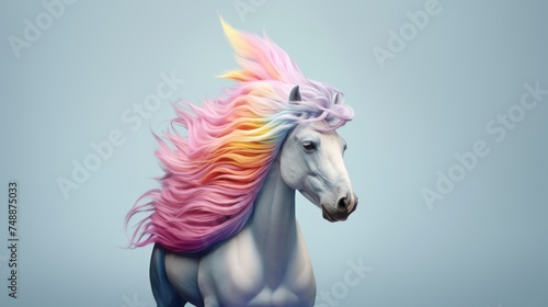 A beautiful white horse with a pink mane blown by the wind.