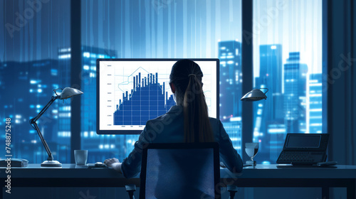 This image depicts a female professional working late, deeply engrossed in financial charts on a computer screen