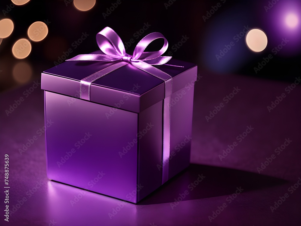 Gift box in purple color with blurred lights on dark background Gift box in purple color with blurred lights on dark background