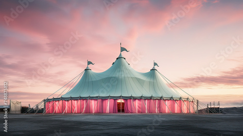 Sunset turns the circus tent into a dreamy spectacle with blues, pinks, and purples.