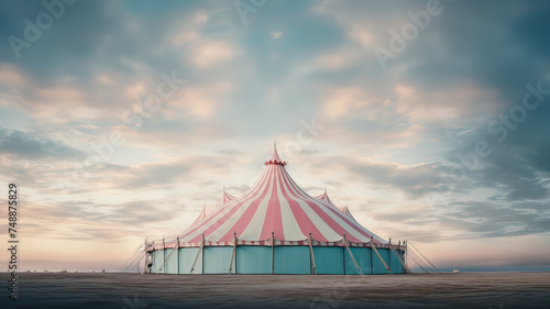 A whimsical outdoor scene: a pastel circus tent on a cloudy day, merging entertainment with nature.