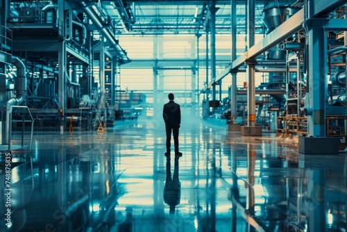 Man observing machinery in a high-tech manufacturing plant.