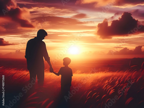 Silhouette of father and son holding hands in a meadow at sunset 