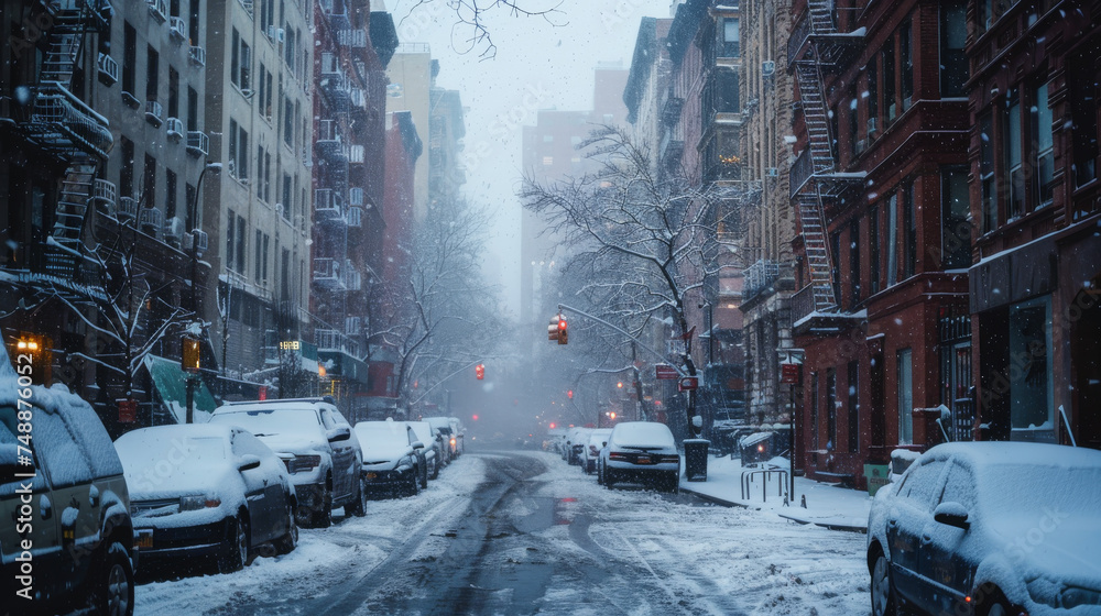 Naklejka premium A snowy scene on a New York street with traffic lights and snow-covered cars and sidewalks