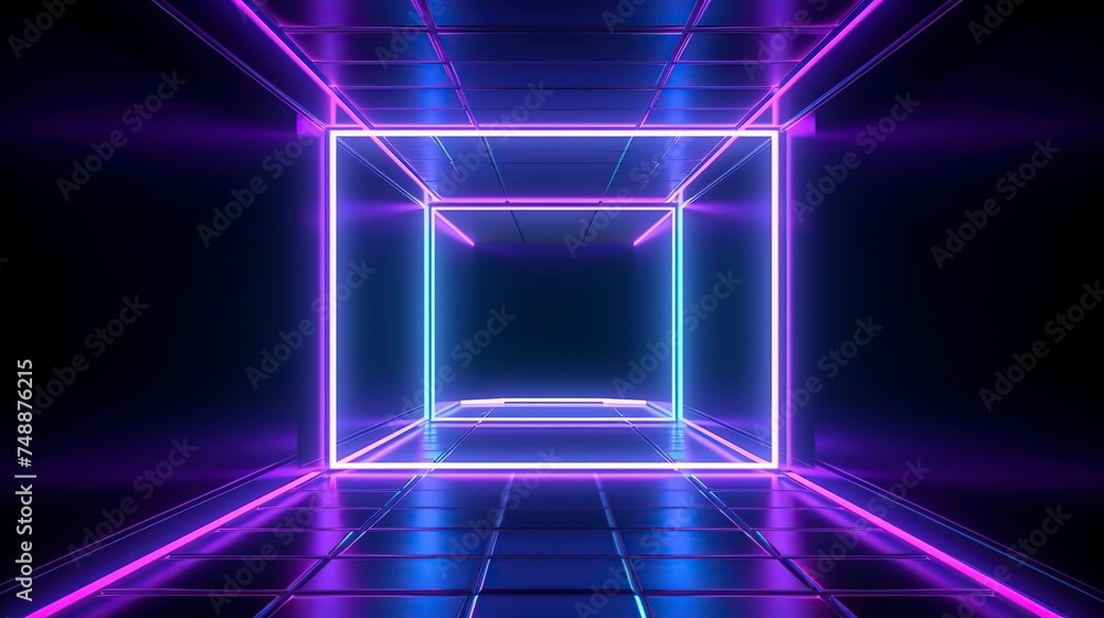 abstract neon background with ascending pink and blue glowing lines.
 Fantastic sci-fi corridor and wallpaper with colorful laser rays