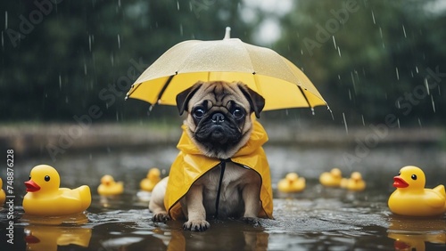 dog with umbrella A pug puppy with a playful frown, wearing a tiny raincoat and holding an umbrella, sitting in a puddle with rubber ducks 