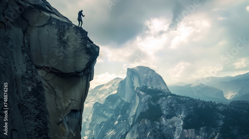 A climber stands on the precipice of a monumental cliff in Yosemite, dwarfed by the vastness of nature's grandeur