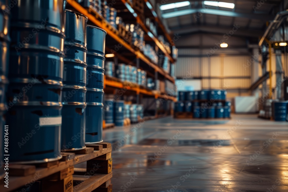 Blue industrial drums stacked on a pallet in a warehouse. Blue industrial drums stacked on a pallet in a warehouse.