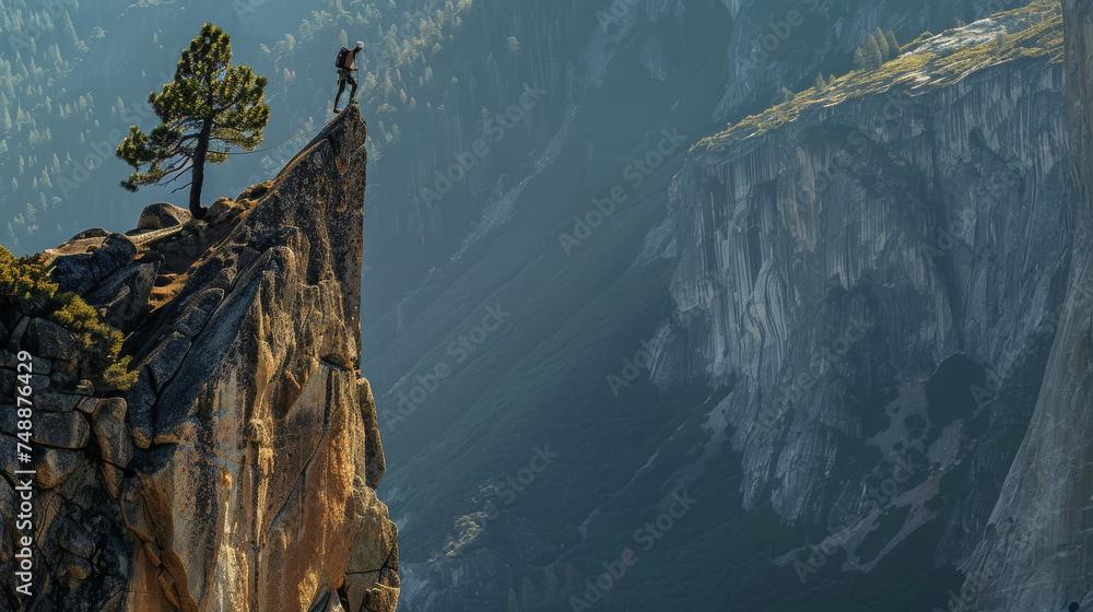 A lone hiker stands on the edge of a colossal cliff overlooking a forested valley during golden hour A lone hiker stands on the edge of a colossal cliff overlooking a forested valley during golden hour