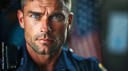 Steadfast Police Officer Portrait, American Flag in the Background