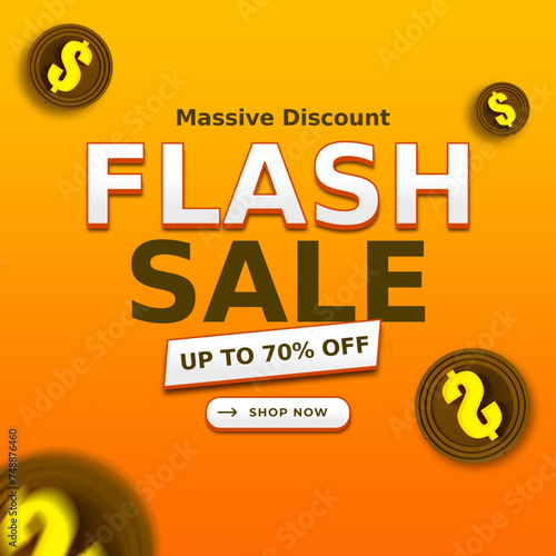 Flash Sale Banner with Stylish Gradient Background and offer up to 70  off. Shop Now. Vector Illustration. Flash Sale Banner with Dollar Sign. Massive Discount.