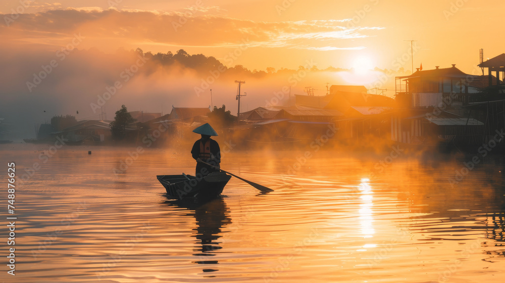 Traditional fisherman on a calm river surrounded by golden mist with sun rising behind, depicting rural life