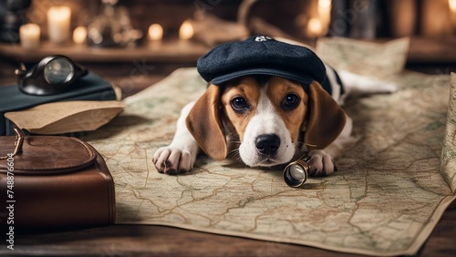 portrait of a dog A beagle puppy wearing a Sherlock Holmes cap and pipe, sitting next to a magnifying glass 