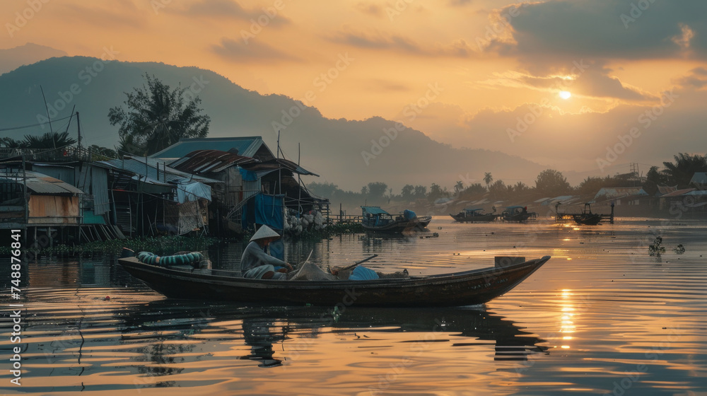 A calm sunset settling over a picturesque river village with a local in a boat immersed in reflections