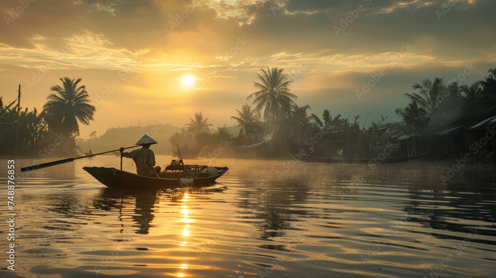A traditional fisherman starts his day on a river as the sun emerges, casting a golden light in a scene of timelessness and tradition