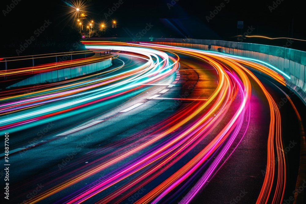 Abstract image of colorful light streaks in motion on a dark background. Abstract image of colorful light streaks in motion on a dark background.