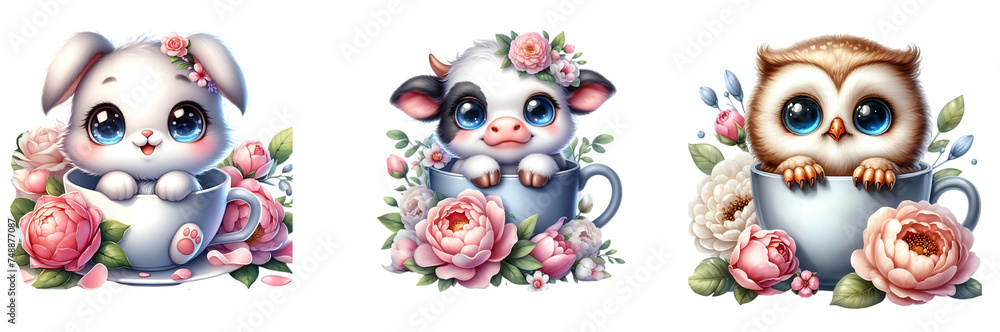 Obraz premium Cute Spring Animals in a coffee cup isolated on a transparent or white background, PNG 