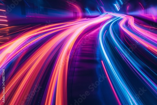 Abstract image of colorful light streaks in motion on a dark background.