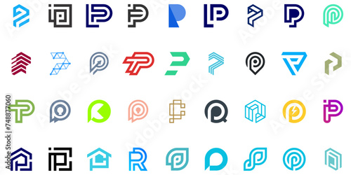 set of alphabet P monogram logos for digital, technology and financial companies