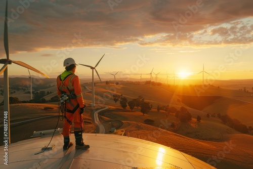 Engineer overlooking a wind farm at sunset. photo