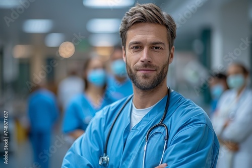 A friendly young male doctor in blue scrubs smiling confidently  with medical team and hospital corridor behind