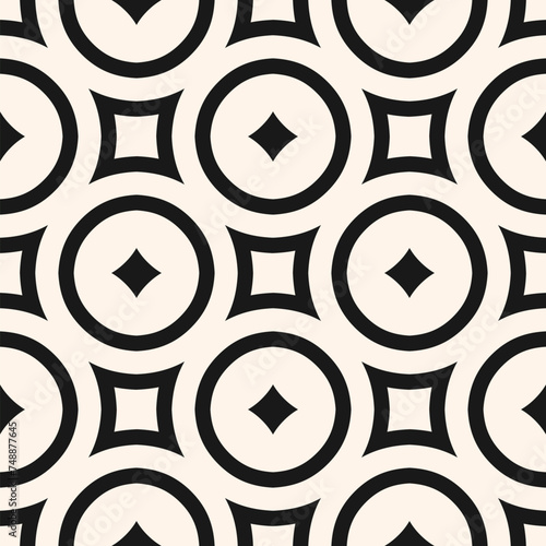 Simple vector geometric seamless texture. Abstract minimal pattern with curved shapes, lines, squares, circles, rhombuses, grid, repeat tiles. Black and white background. Repeated design element