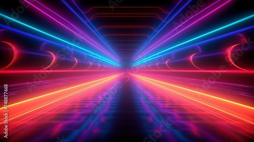 abstract neon background with ascending pink and blue glowing lines. Fantastic sci-fi corridor and wallpaper with colorful laser rays © fatin