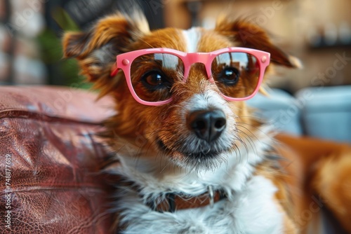 An adorable dog dons pink eyewear, exuding charm and a curious demeanor in an indoor setting © svastix